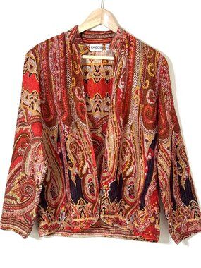 Chicos 100% Silk Red Paisley Open Front Jacket Lightweight Bohemian Artsy India